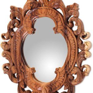 NOVICA Natural Suar Wood Hand Carved Bali Indonesia Wall Mirror